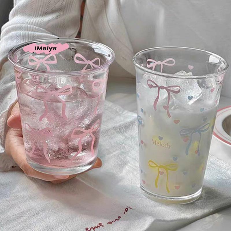 M-350ml Ins Girl Glass Coffee Cup Cute Pink Bow High Beauty Water Cup Breakfast Glass Cup Milk Portable Birthday Gift Coffee Mug