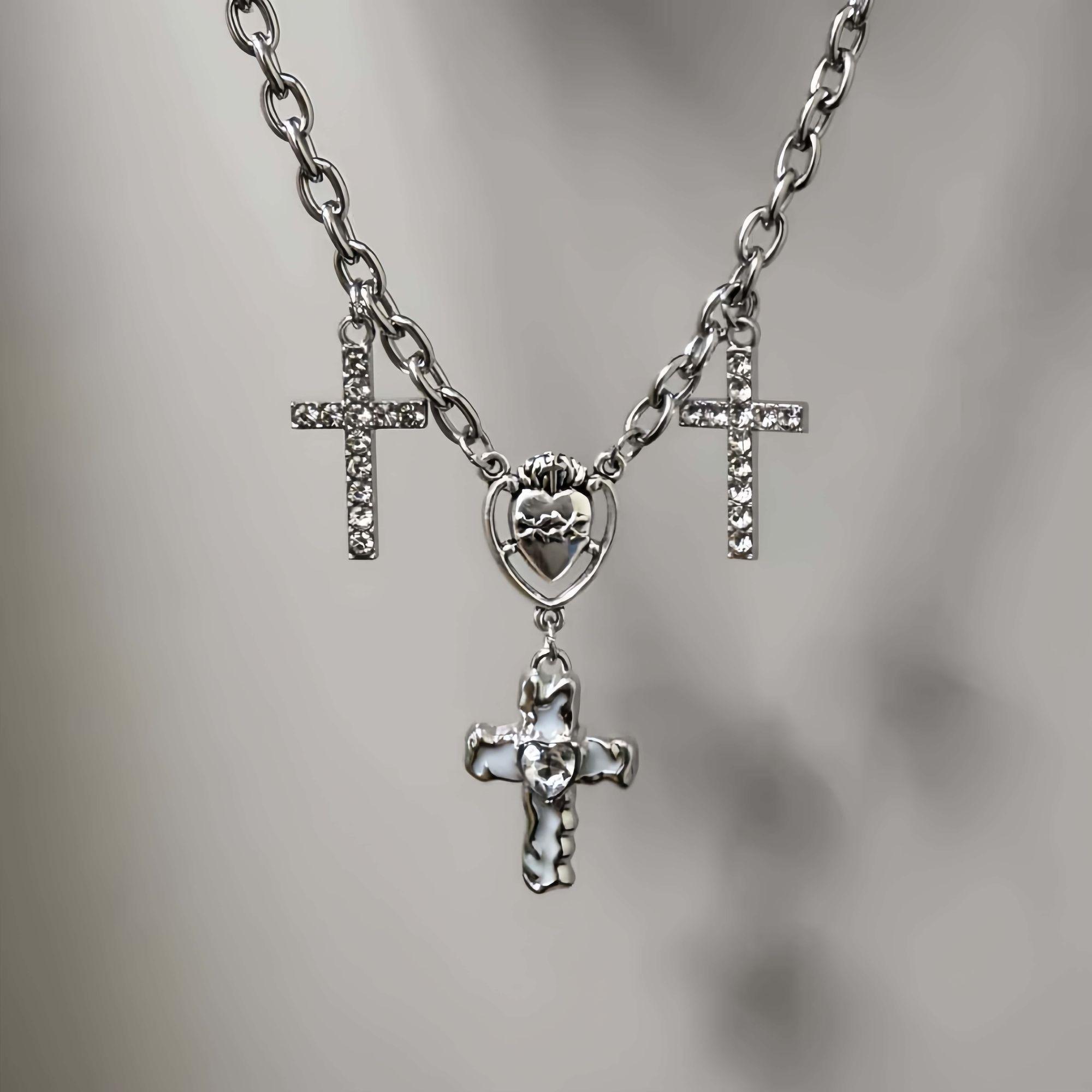 

Light Luxury Cross Pendant Necklace - Heart Diamond Zircon Charm Baroque Versatile Accessories - Fashion Choker Necklace + Pendant