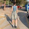 2025 Spring/Summer American Retro High-Waisted Distressed Denim Mid-Length Women's Shorts, Versatile Loose Wide-Leg 5-Point Pants