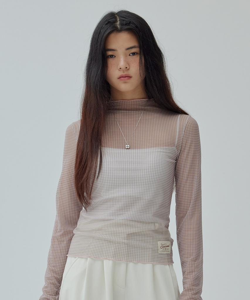 Covernat Woman Mesh Turtleneck Long Sleeve Light Pink