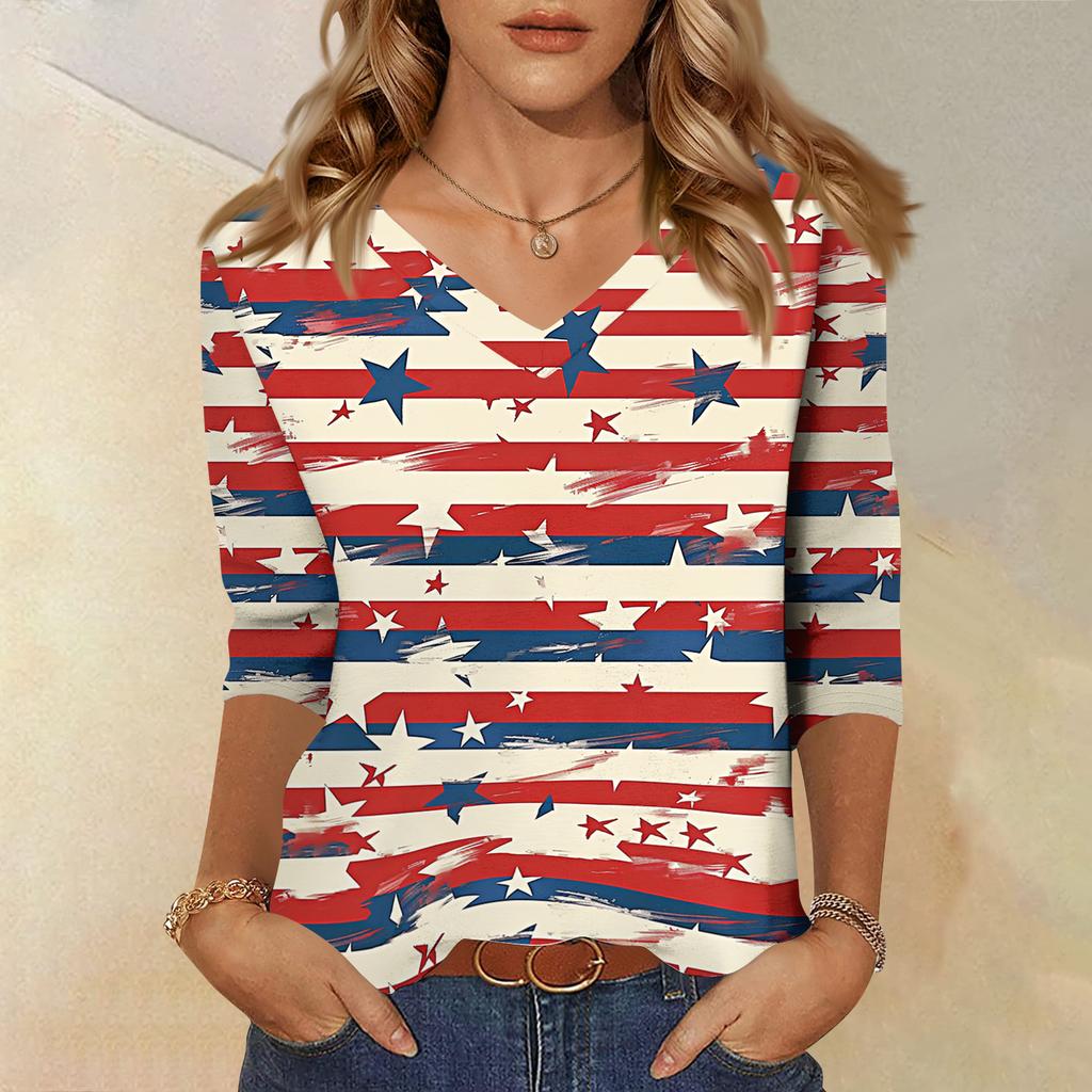 Women's Tops Three-quarter Sleeve Shirt V-neck Loose Casual Shirt Print T-shirt
