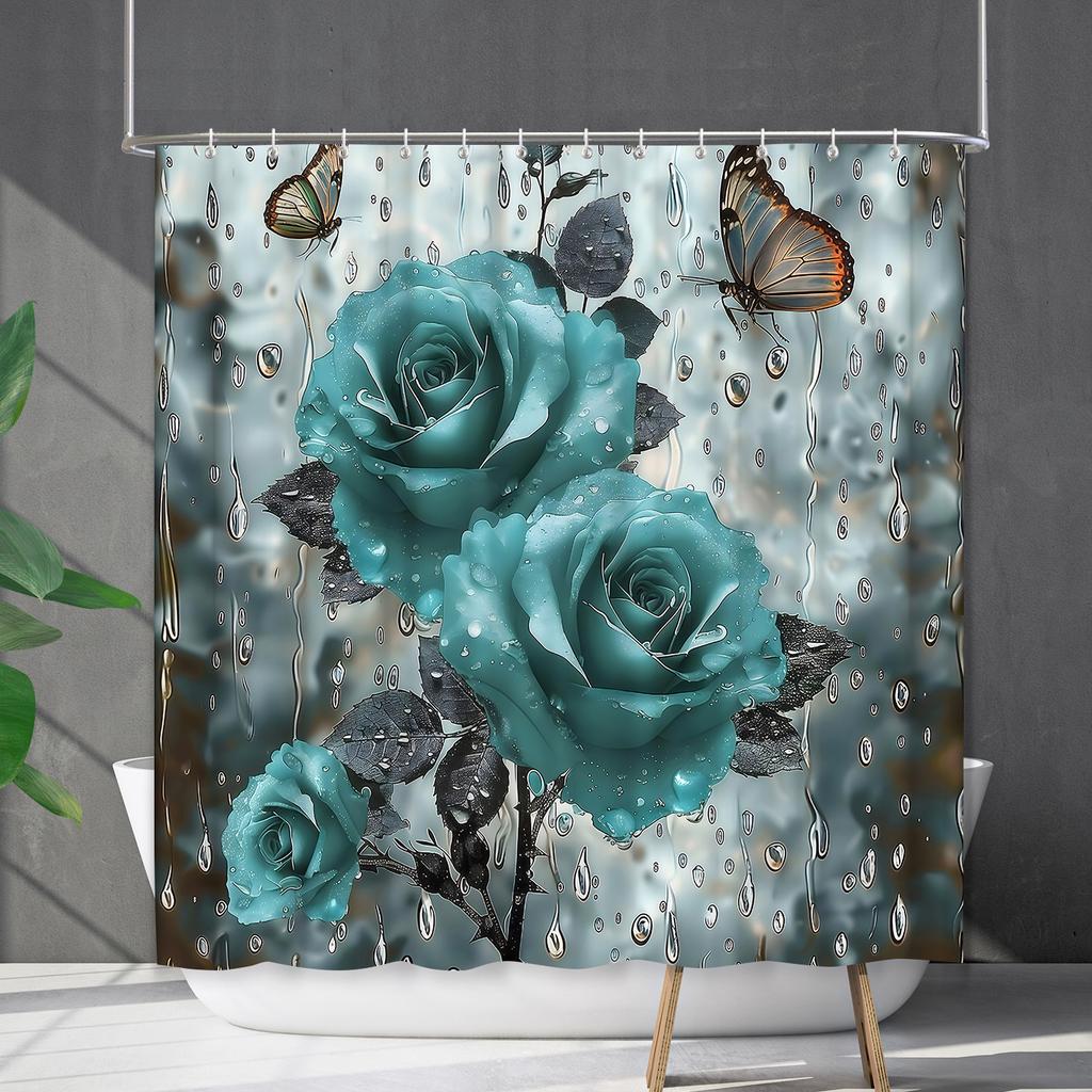 Bathroom Curtain Waterproof Shower Curtain Digital Printing Water Droplets Plant Diffuse Non-Punching Toilet Partition Curtain Shower Cloth
