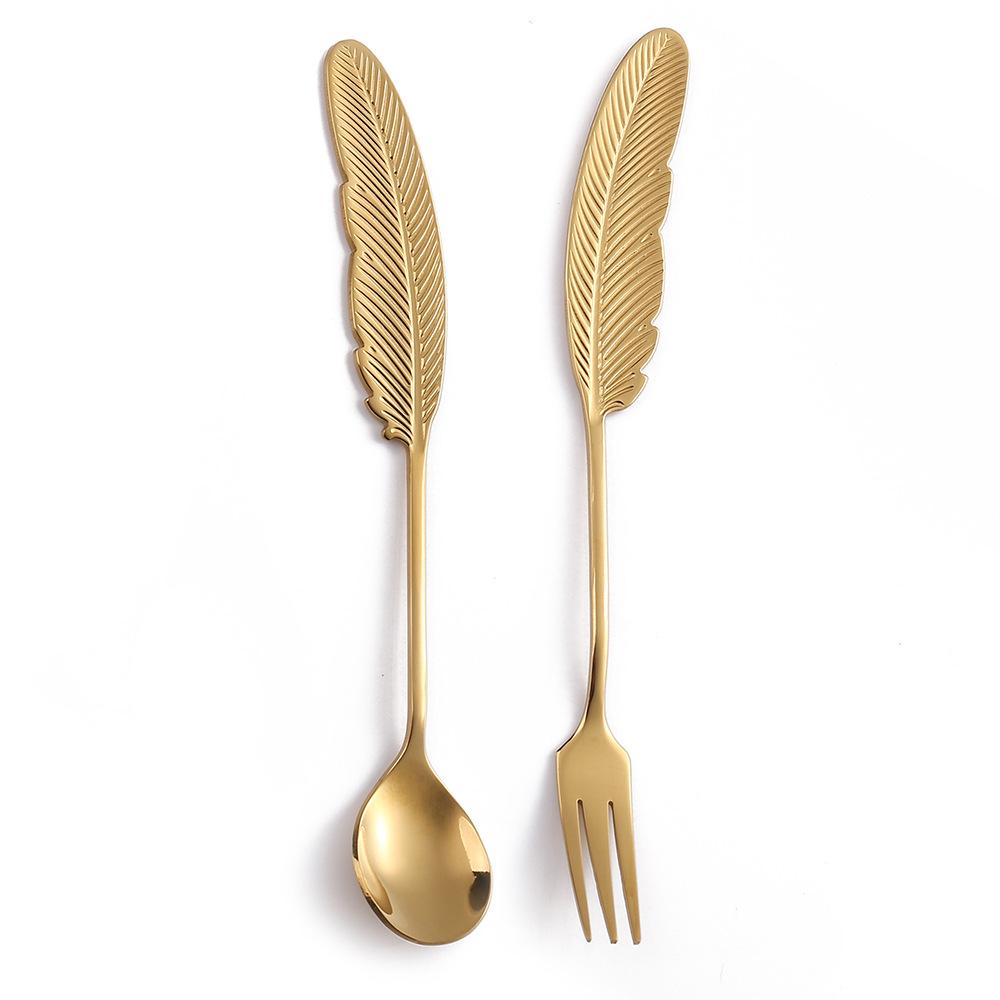 HANYANG Feather Spoon Golden 304 Stainless Steel Fruit Fork Literary Small Spoon Spoon Spoon Creative Tableware Colorful Feather Spoon