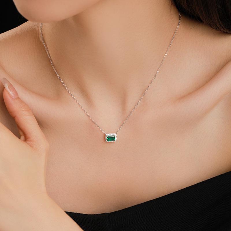 S925 Sterling Silver Necklace with Retro Pendant and Simulated Emerald-Cut Gemstone
