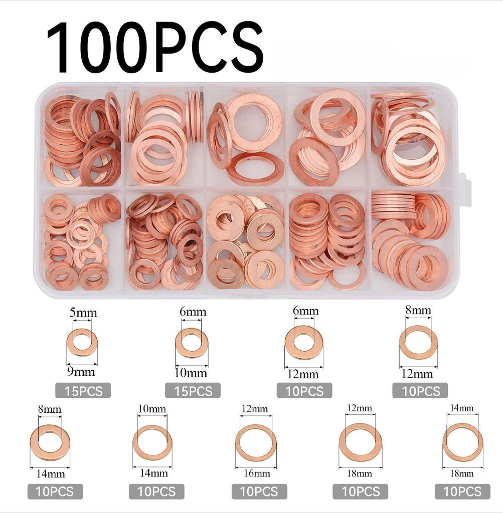 Juego de tuercas y pernos de junta de arandela de cobre, Kit surtido de sellos de anillo plano 50/100/200pcs tapones de sumidero