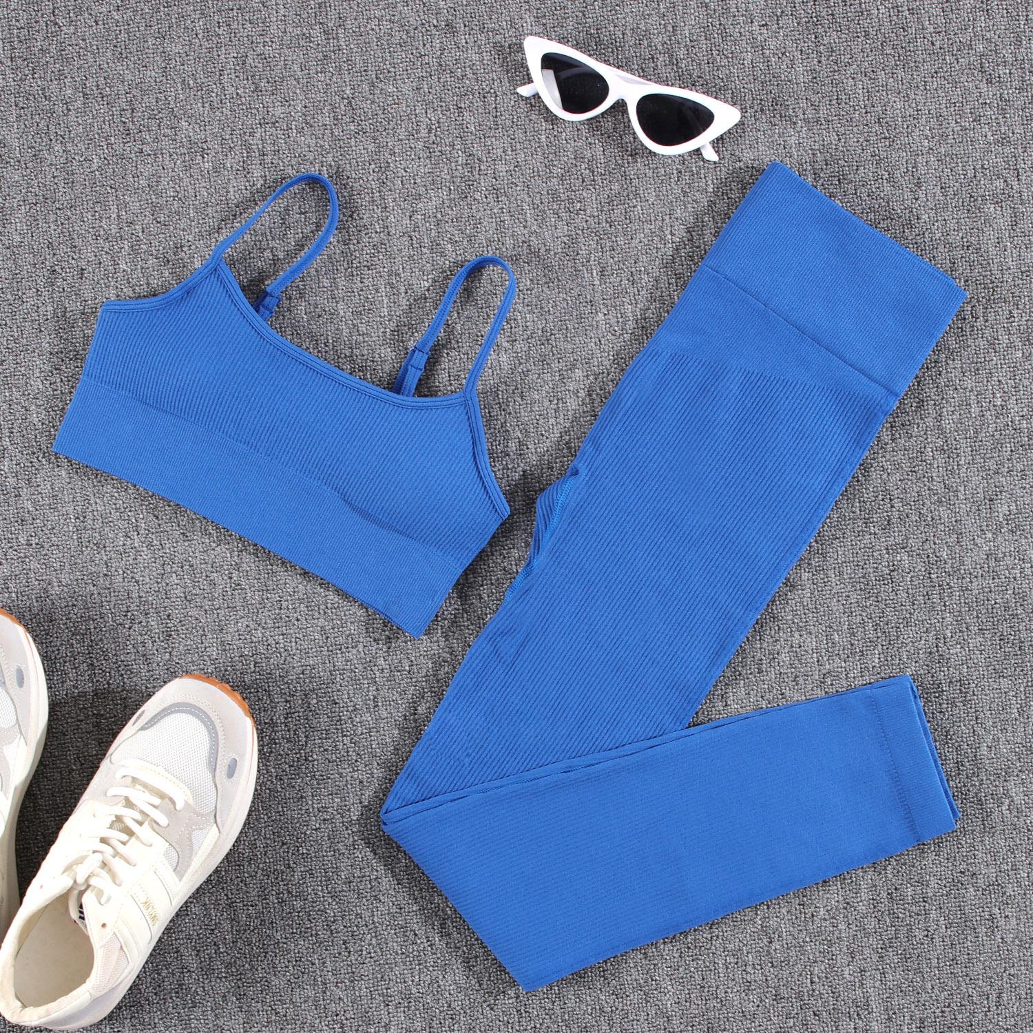 

Бесшовные леггинсы для фитнеса и спортзала, женский спортивный костюм, узкие эластичные леггинсы с эффектом пуш-ап, летний комплект Y2K, 2 шт. L синий