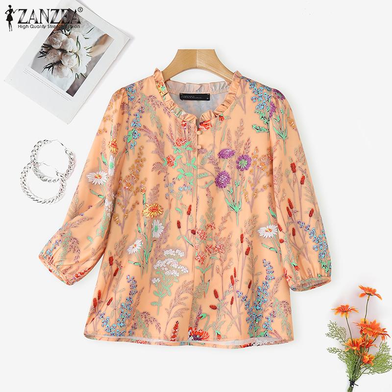 ZANZEA Women Casual Round Neck 3/4 Sleeve Loose Print Blouse