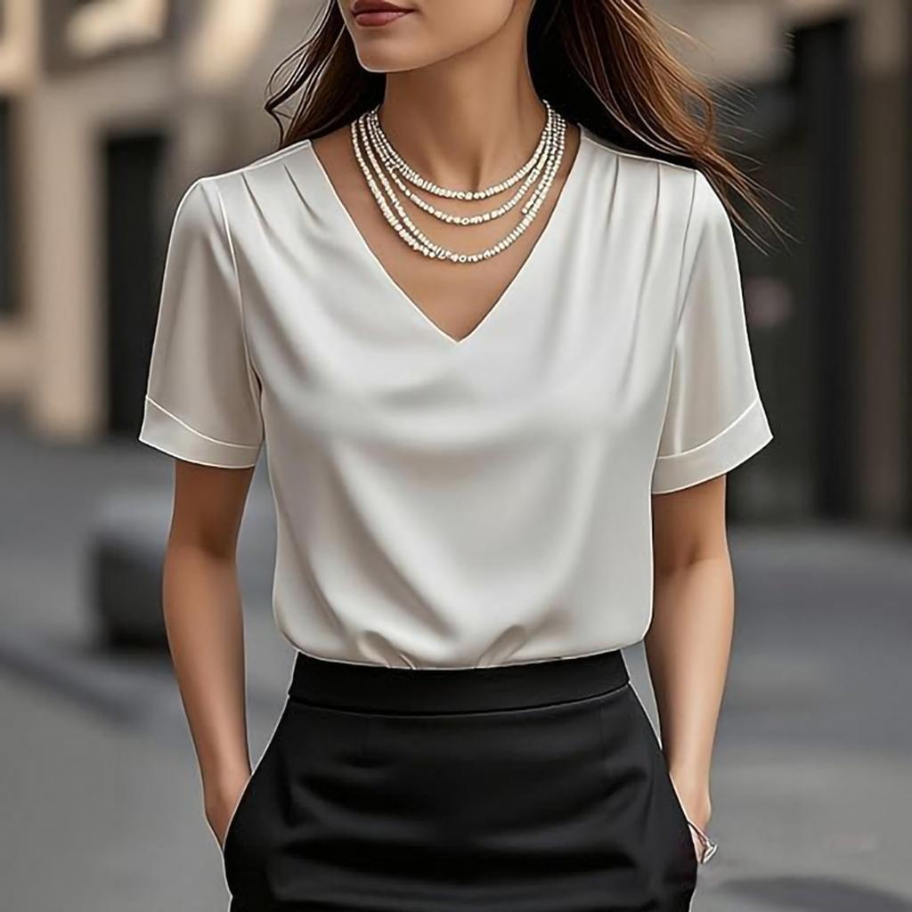 Women Stain Tops Short Sleeve Blouse V Neck Shirts Business Casual Outfits