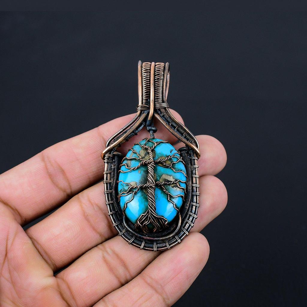 Baum des Lebens, türkiser Edelstein, reiner Kupferdraht, umwickelt, handgefertigter Anhänger-Schmuck