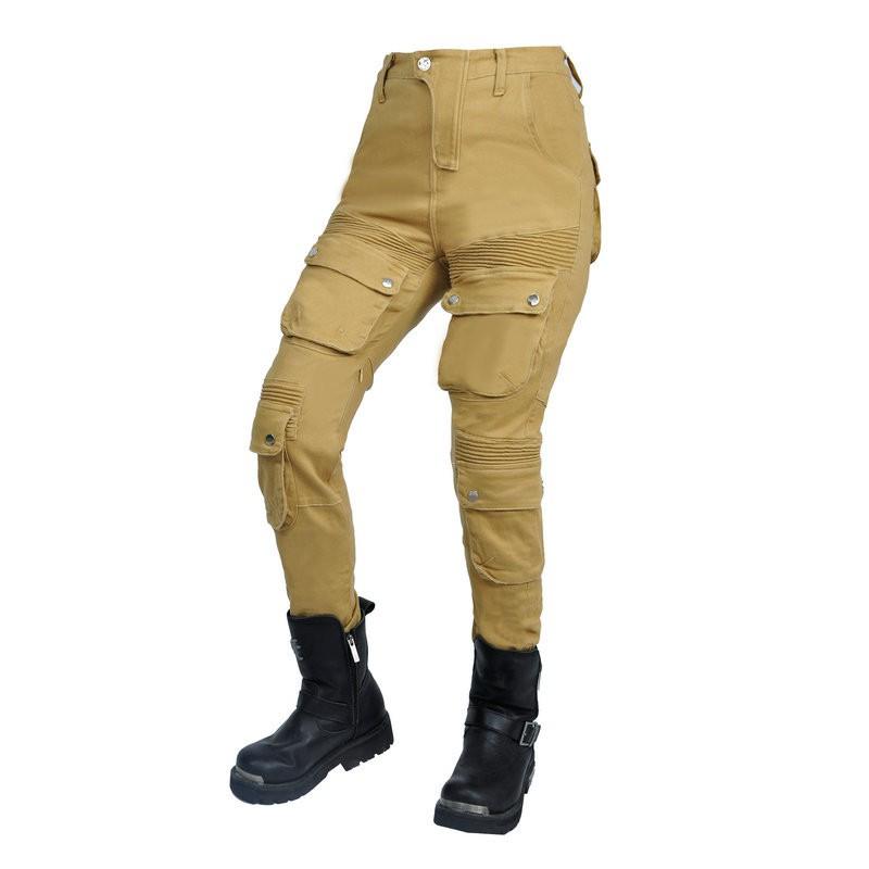 Womens Motorcycle Riding Pants Vintage Style Cargo Trousers With Protective Padding Khaki Cotton Blend Use