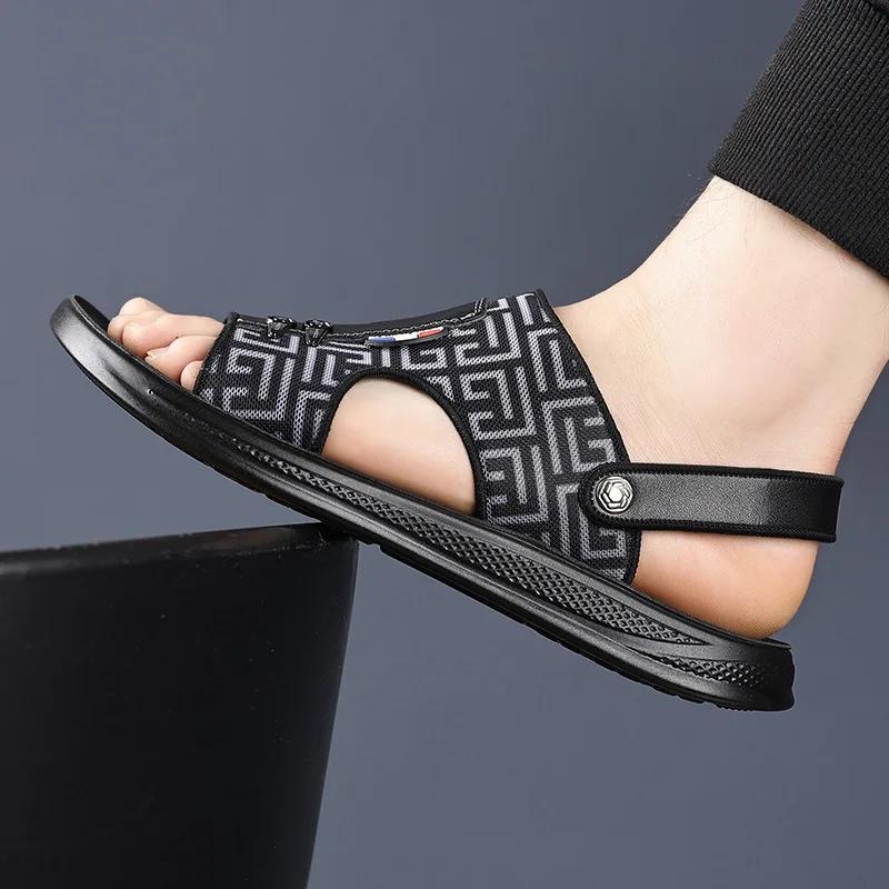 New Men Shoes Summer Fashion Sandal Striped Print Flat Casual Slides Outdoor Cool Beach Shoes