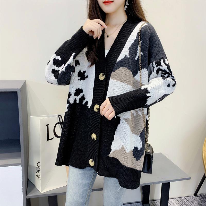 Fashion Loose Knitted Cardigan Printed Sweater Women's 2025 New V Neck Long Sleeve Casual Office Simple Spring and Autumn Coat Outside Clothing