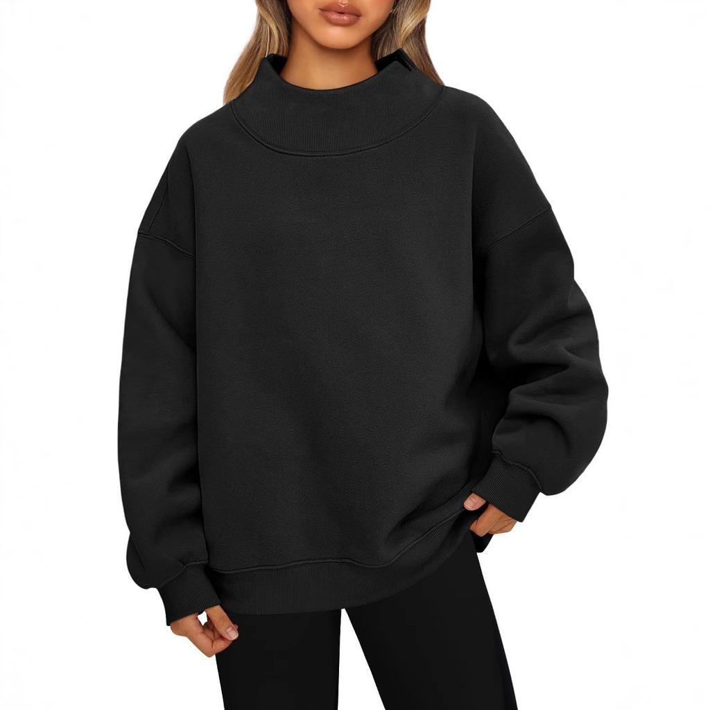 Fashionable Loose High Neck Long Sleeved Solid Color Hoodie for Lady Lazy Style Basic Casual Commuted Pullover Top