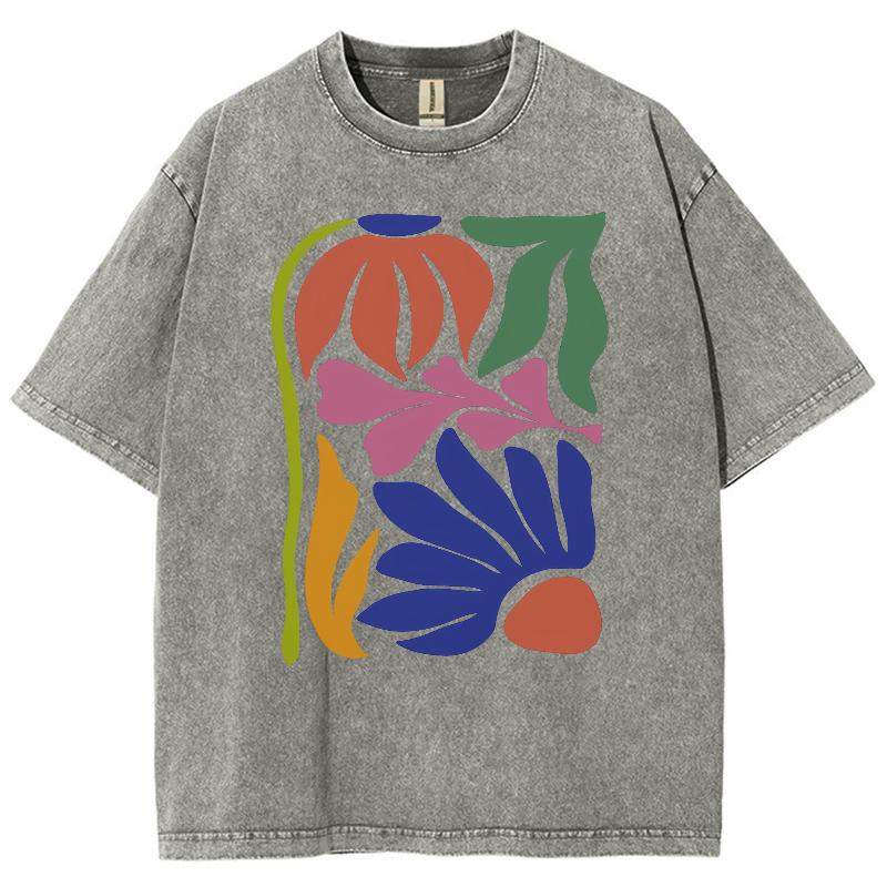 Cartoon Color Aquatic Plant Print Women's T-Shirt Oversized Washed Denim Short Sleeve Vintage Distressed Niche Top