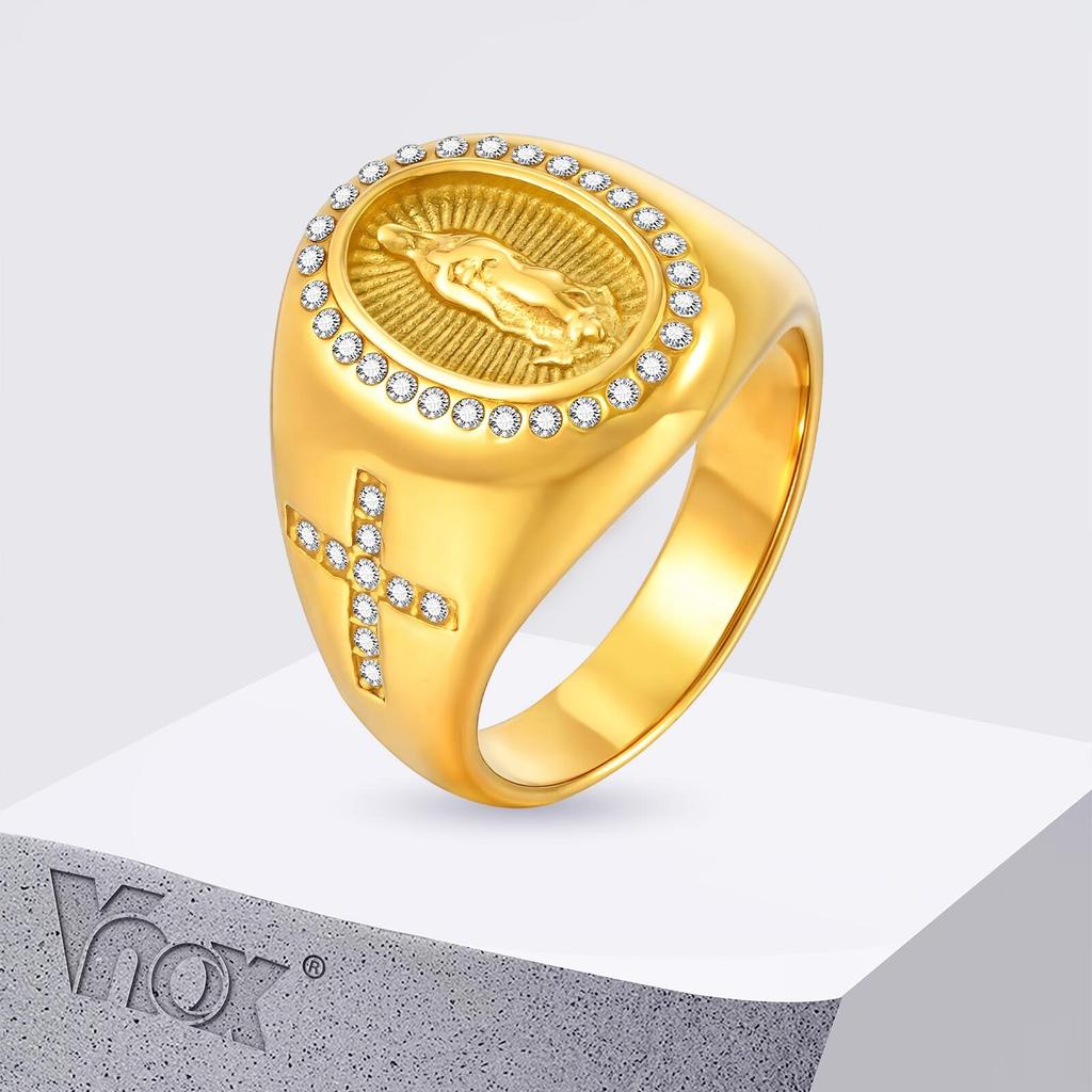 Vnox Stainless Steel Virgin Mary Cross Ring for Men, Gold Color Zircon Thumb Ring, Size 9-12 Chunky Religious Jewelry Gifts New