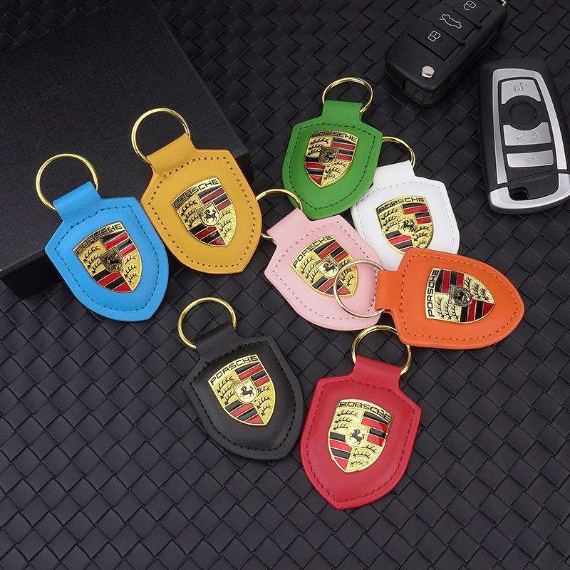 High Quality PU Leather Car Keychain Shield Alloy Keyring Pendant Gift For Porsche Cayenne Panamera Macan Boxster Cayman Sticker Mszh62