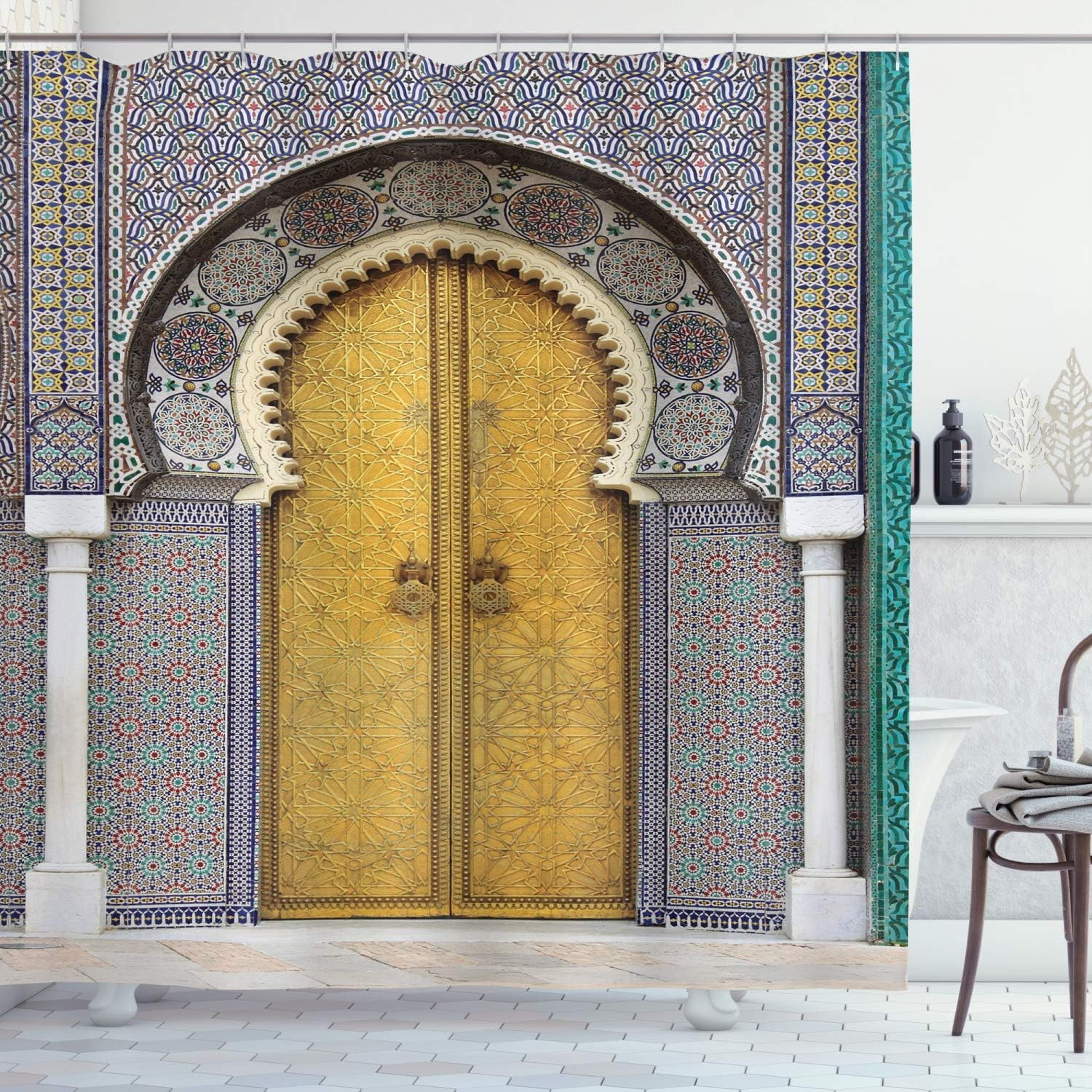 

Moroccan Door Shower Curtain With Hooks – Fes Royal Palace Yellow Gate, Vintage Mosaic Art & Arabic Style Bathroom Decor W60H190(CM)-1 Pcs