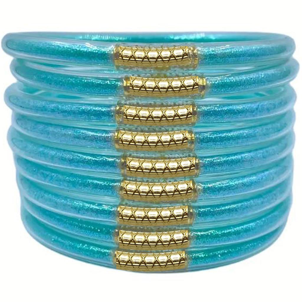 9 Stück/Set Modeschmuck Goldenes Armband Buddhistisches Jonc Armreifen Set für Damen Glitzergefülltes Jelly Silikon Buddha Mädchen Armbänder
