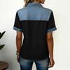 Denim Patchwork Shirts For Women Stand Collar Casual Blouse Short Sleeve Comfy Tshirt Spring Summer Fashion