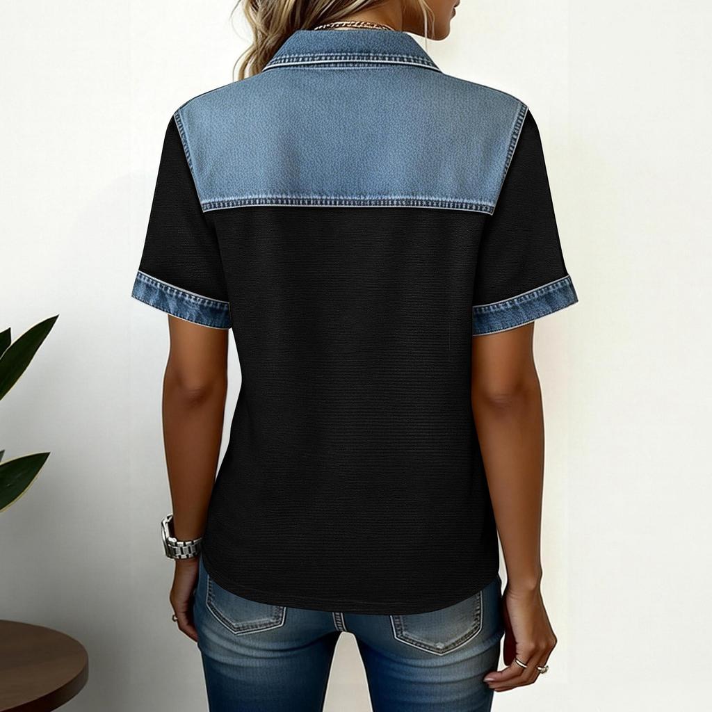 Denim Patchwork Shirts For Women Stand Collar Casual Blouse Short Sleeve Comfy Tshirt Spring Summer Fashion