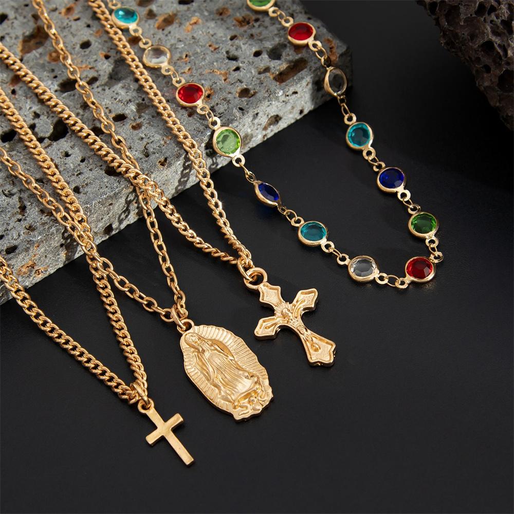 4Pcs Cross Pendant Necklace Set for Women Trendy Colorful Chain Long Necklace Party Jewelry