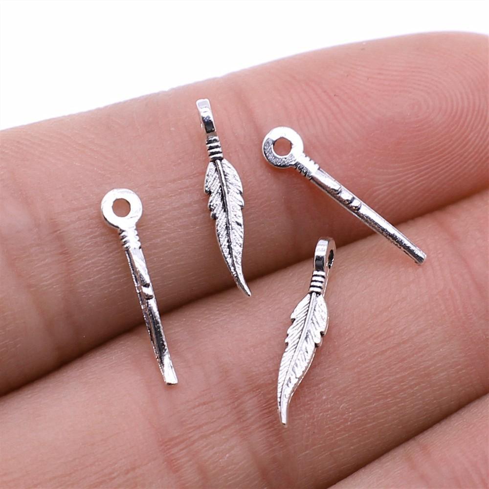 40pcs Antique Bronze Silver Color Pendants DIY Crafts Making Findings Handmade Jewelry Small Feather Charms For Jewelry Making