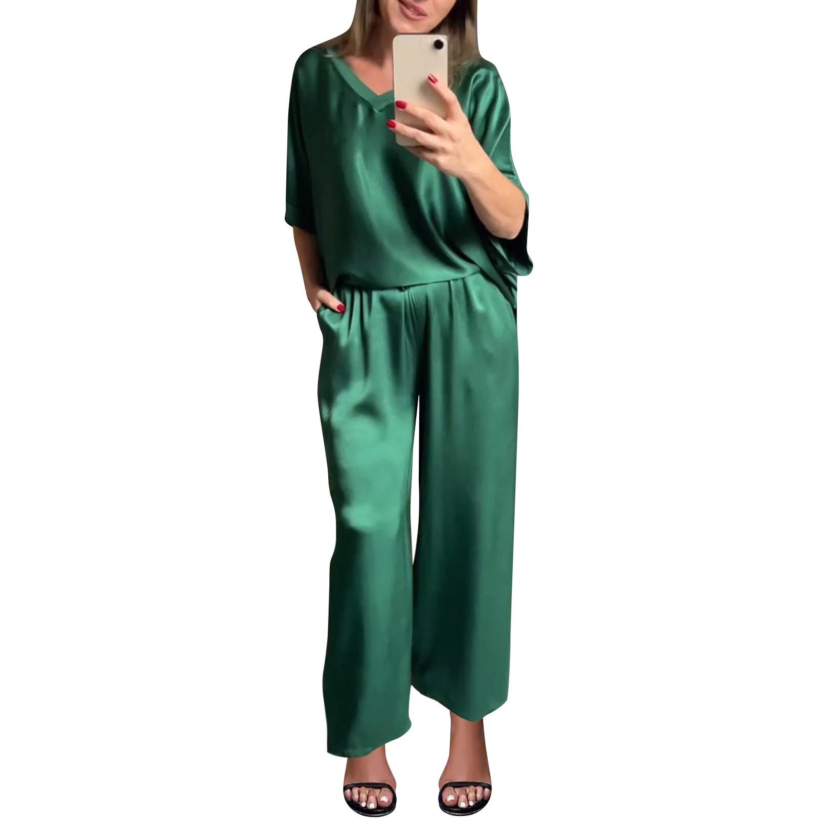 

Женская мода Элегантный однотонный шелковый повседневный комплект с v-образным вырезом XXXL зелёный