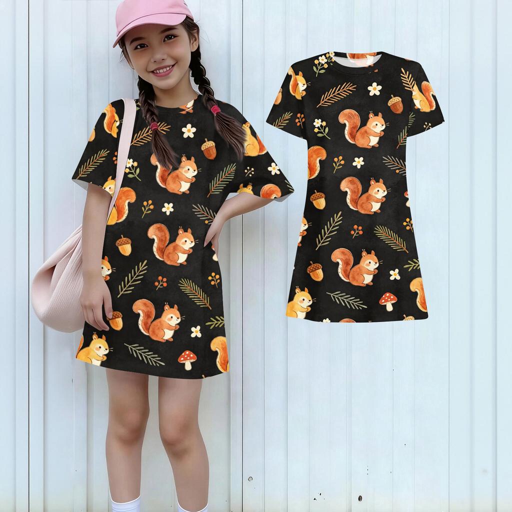 Girls Loose Fit Short Sleeve Dress Animal Print Round Neck Casual Lightweight Summer Dress for Kids