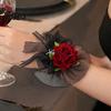 Dark Rose Wrist Flower for Wedding Black Burgundy Tulle Mesh Corsage Bridal Groom, Gothic Groom Groomsmen Matching Flowers Artificial Boutonniere