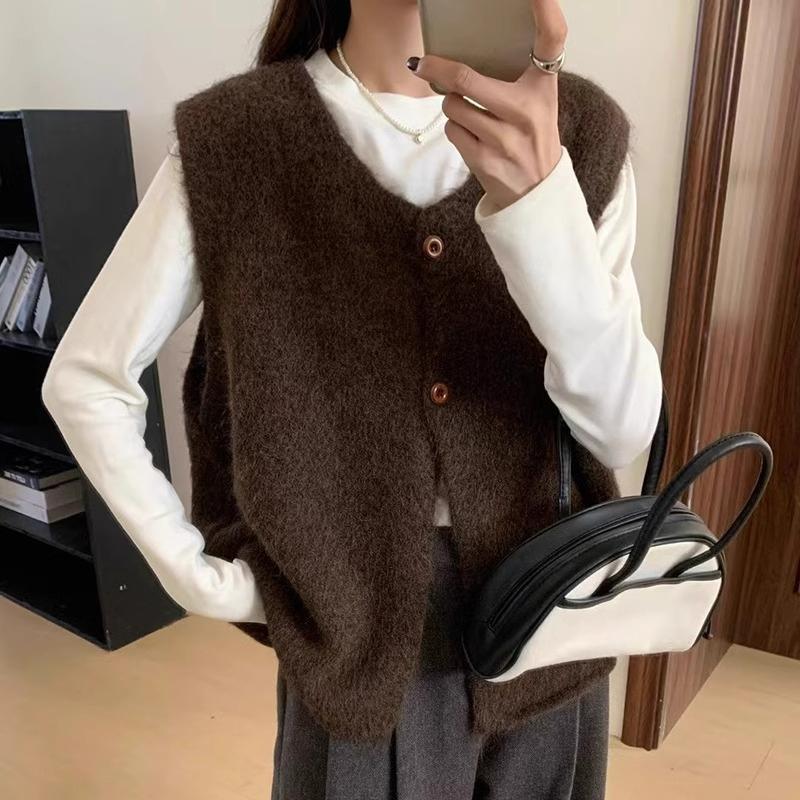 Retro Green Mid-length Sweater Vest Cardigan Women's Autumn and Winter Sleeveless Knitted Vest Outer Wear Clothes