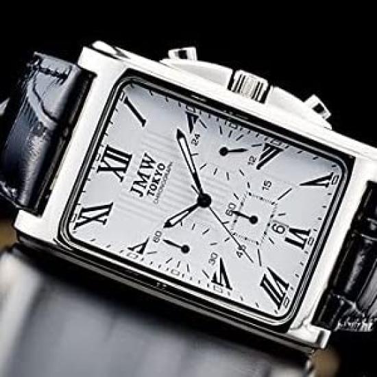 JMW TOKYO Men's Square Watch In White & Black, Square Rectangular Chronograph, Limited Edition Seiko Quartz Movement with Genuine Leather Strap,