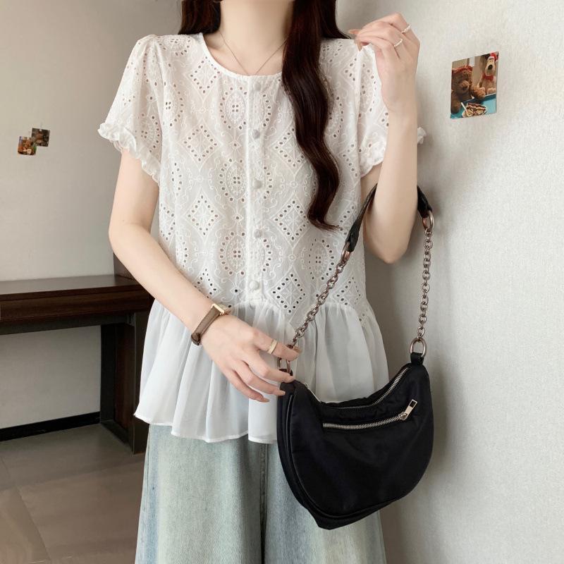 Plus Size Summer Embroidered Mesh Hem Short Sleeve Top