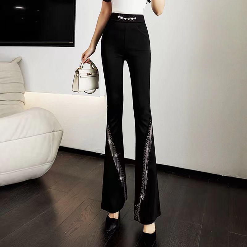 Korean Fashion Diamond Chain High Waist Flare Pants Women New Black Elastic Tassel Slim Sexy Casual Versatile Straight Trousers