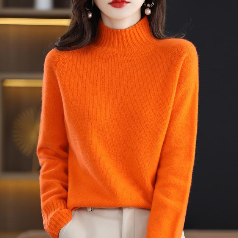 Women's Pure Wool Thickened Sweater - Autumn/Winter New Style, Loose Half-High Neck Pullover Knit Base Layer