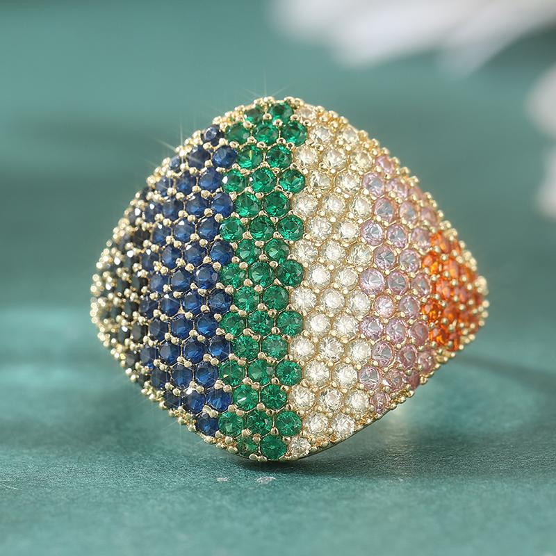 Gorgeous Inlaid Multicolored CZ Women's Ring Luxury CopperColor Geometry Daily Wear Party Jewelry Anniversary Gift