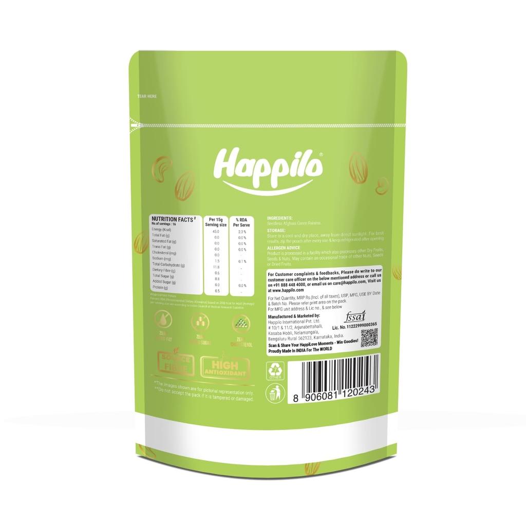 Afghanische grüne Rosinen (200 g), Premium Internationale Kernlose Afghanische Grüne Rosinen, Happilo