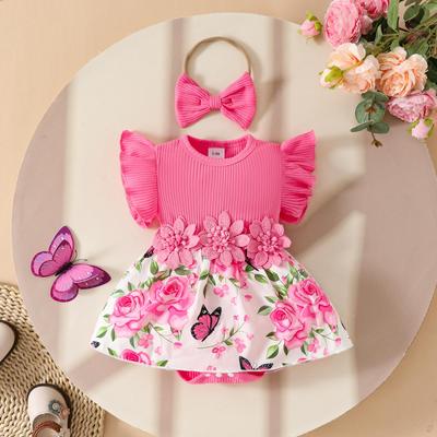2025 Baby Girl Sleeveless Floral Print Ribbed Romper Casual Dress