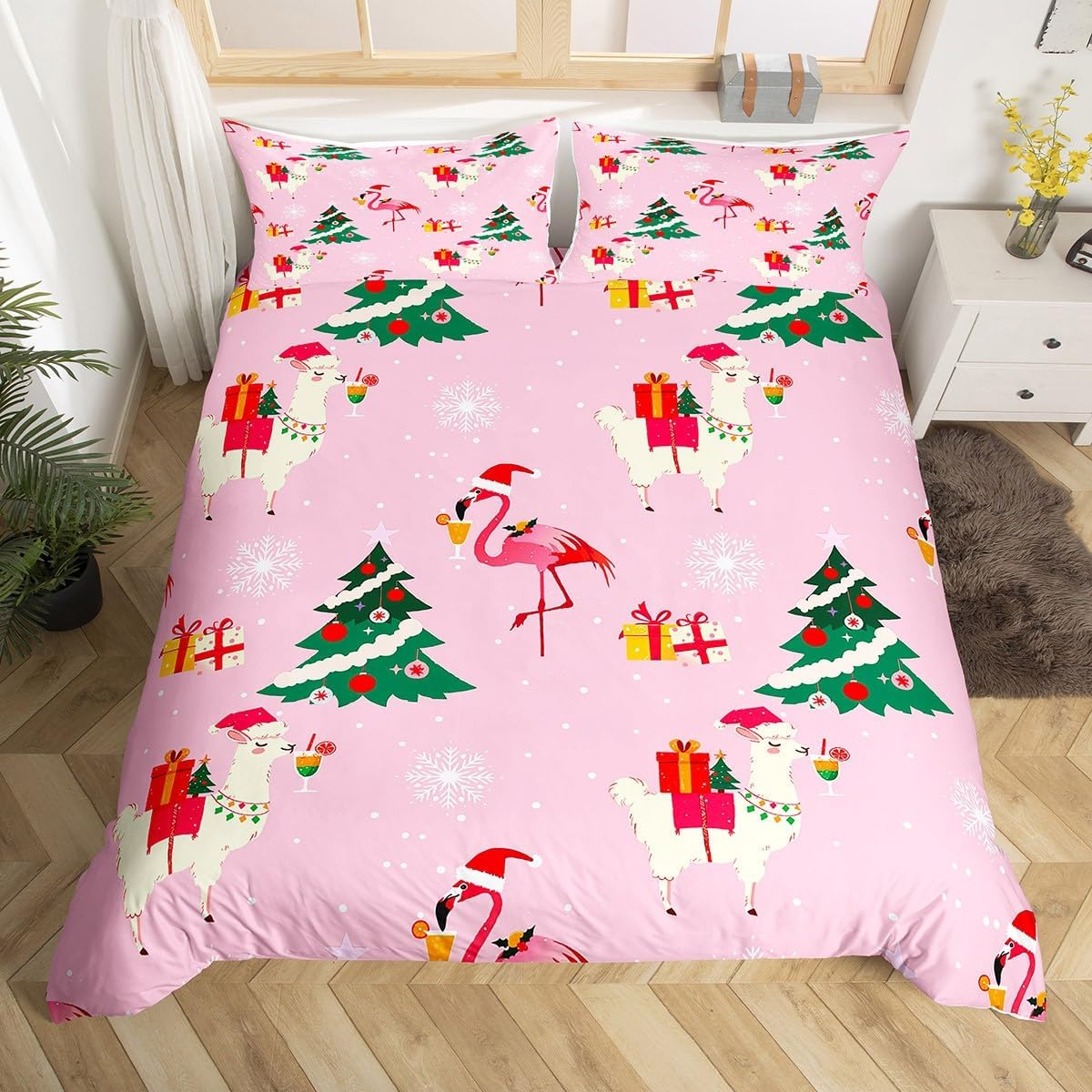 

Comforter Girly Pink Printed King Size Christmas Alpaca Gift Christmas Tree Bedding 3 Pcs For Kids Bedroom Decor Comforter (quilt)-EU Single(135*200cm)3pcs