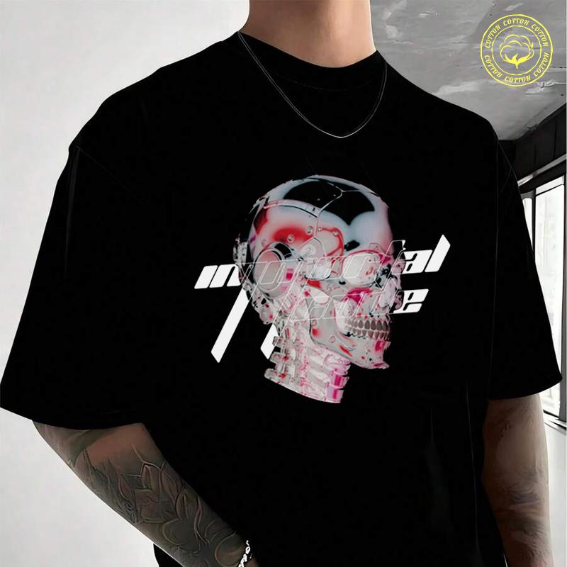 Cyberpunk Robot Head With Glossy Reflection Moto Cotton T-Shirt Men's Casual O-neck Short Sleev