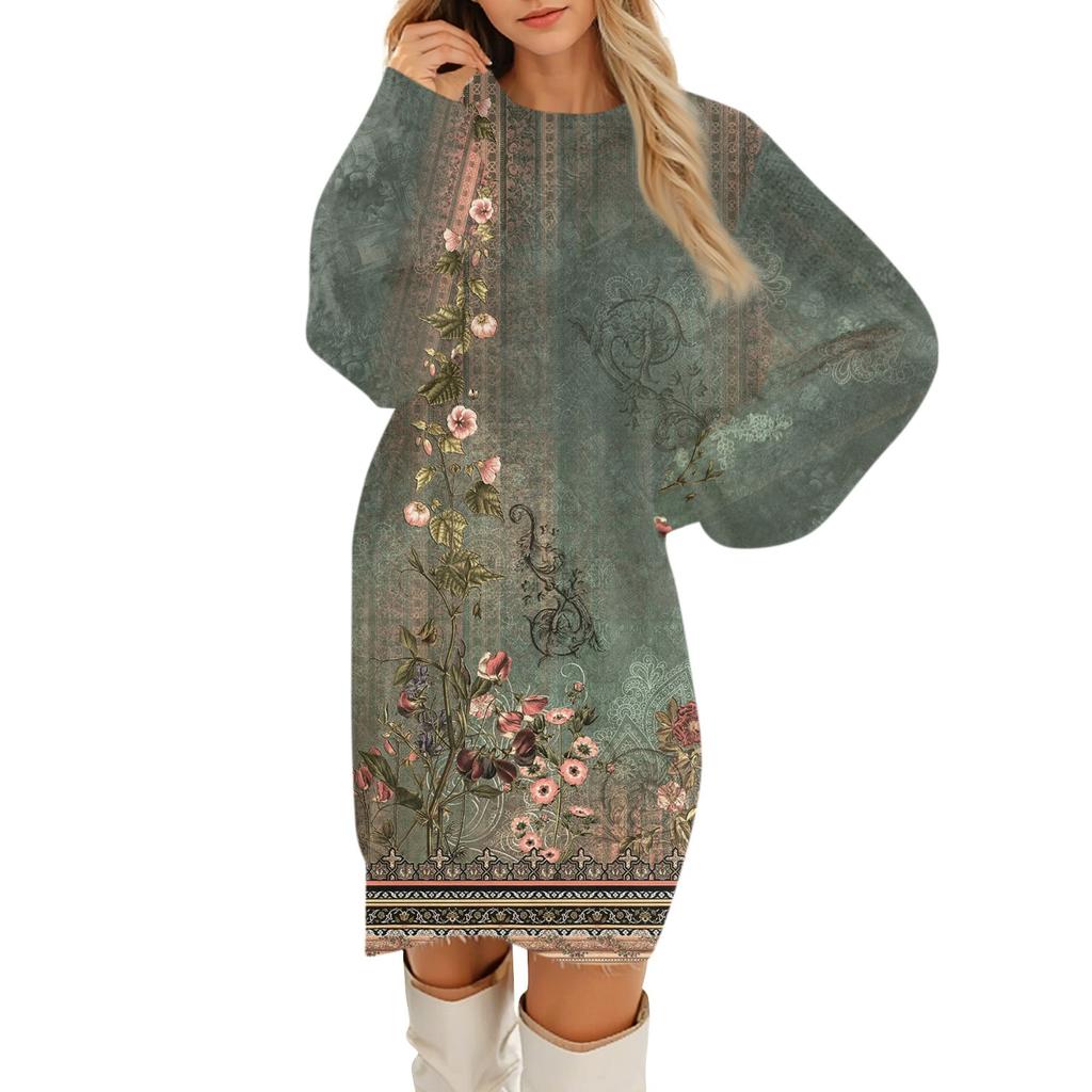 Women's Round Neck Casual Long Sleeve Plush Gradient Vintage Floral Print Dresses