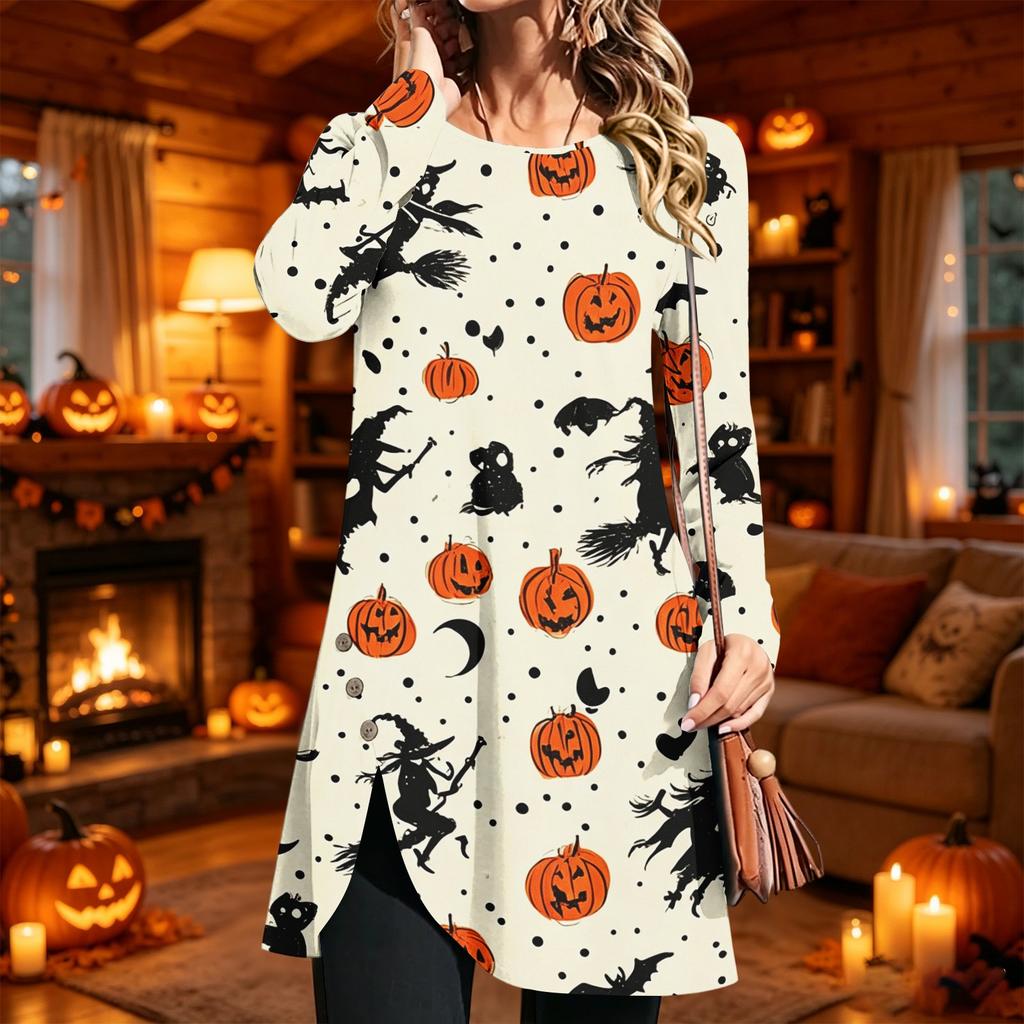 Women's Casual Long Sleeve Printed Round Neck Dress for Everyday Wear