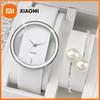 2PCS/Set Women's Watch Pearl Diamond Bracelet Set Fashion Hollow Dial Leather Band Quartz Watches(Without Box)