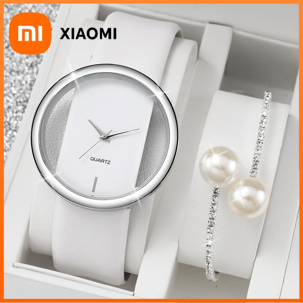 Xiaomi 2PCS/Set Women's Watch Pearl Diamond Bracelet Set Fashion Hollow Dial Leather Band Quartz Watches(Without Box)