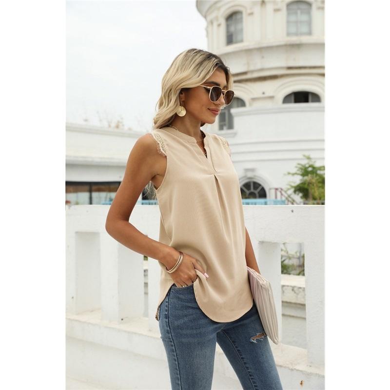 Spring Summer Solid Color Shirt Loose Fit V Neck Sleeveless Lace Trim Top Elegant Casual Blouse Everyday Wear Stylish And Comfortable Women Apparel