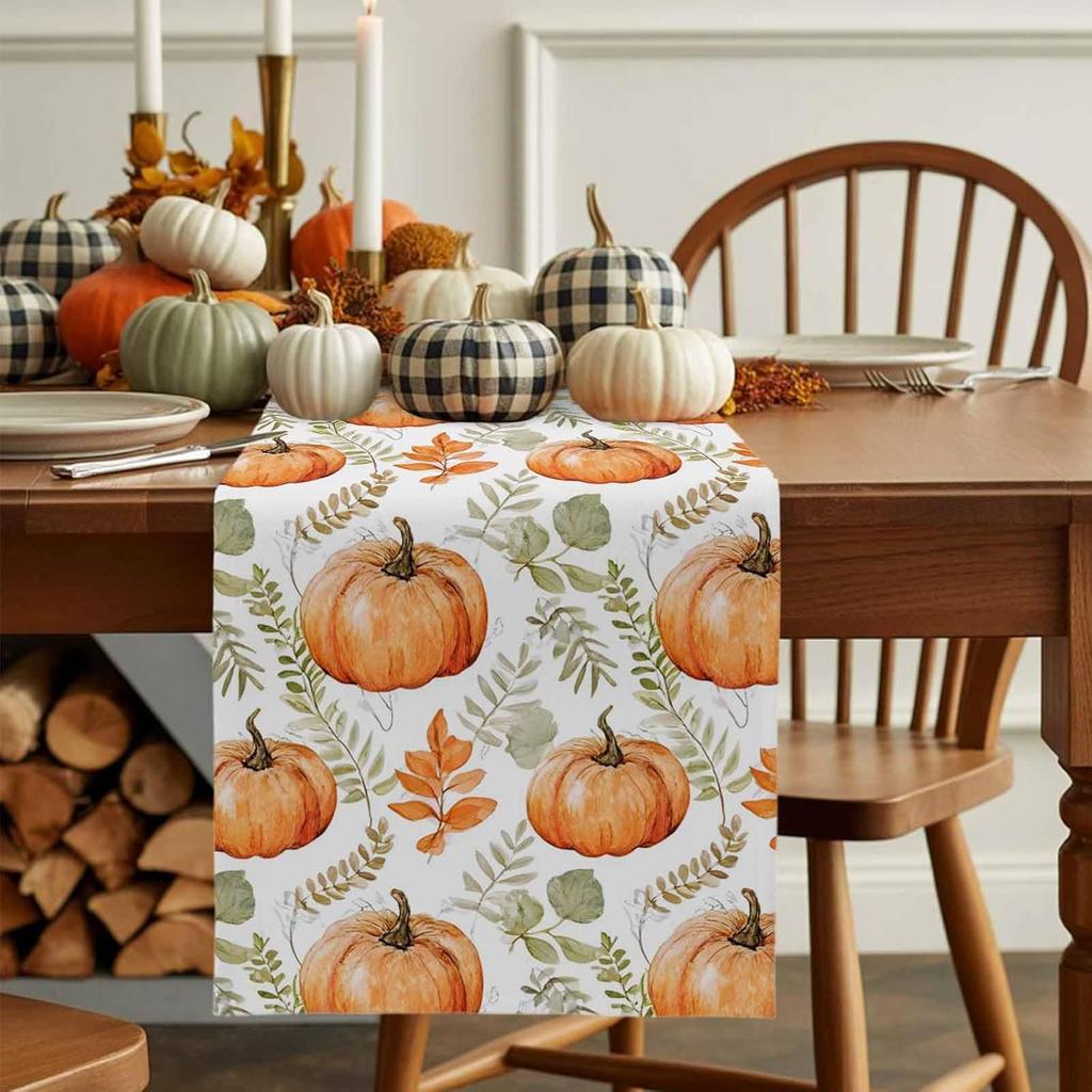 Citrouilles Orange Automnales Feuilles Chemin de Table en Lin Décoration de Fête Récolte d'Automne Chemin de Table de Cuisine Salle à Manger Décoration de Thanksgiving