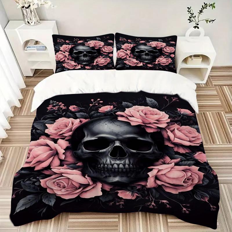 3pcs Skull In Bloom Bedding Set - 1 Soft Quilt Cover + 2 Pillowcases, Machine Washable - Suitable for All Seasons, Perfect Gift for Family and Fr