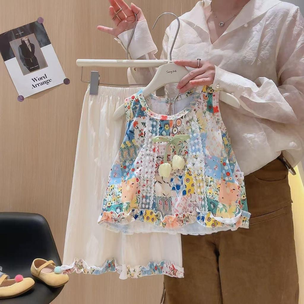 Zweiteiliges Set für Mädchen mit Blumenmuster: Monet Gartenweste & Weitbeinige Hose