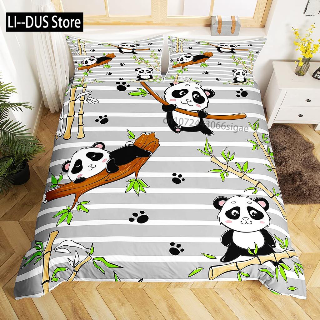 Kids Black Printed Cartoon Panda Beddings Cute Animal Pattern Teens Bedlinings 1 Duvet Cover Sets and 2 Pillowcases Full Size