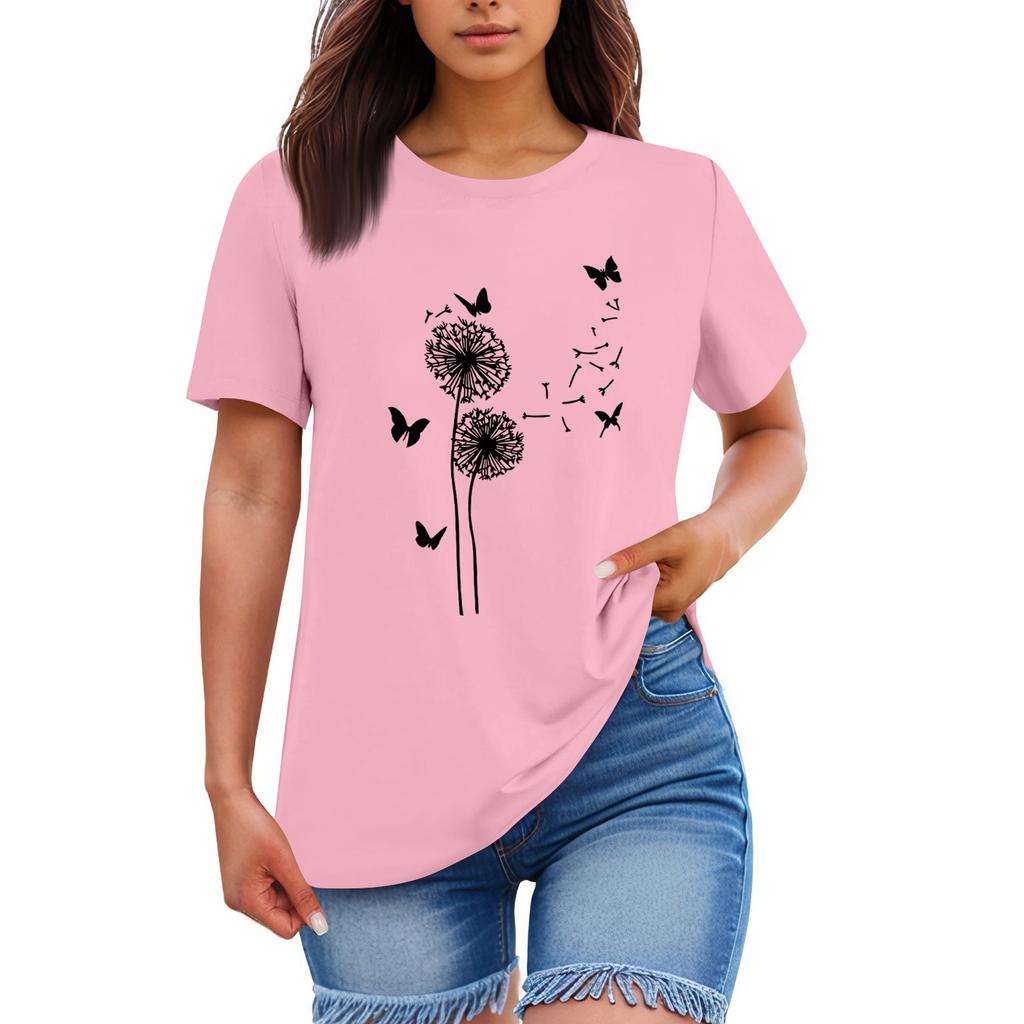 Ladies' Loose Comfortable Casual Fashionable Plant Flower Printed Round Neck Short Sleeved Shirt
