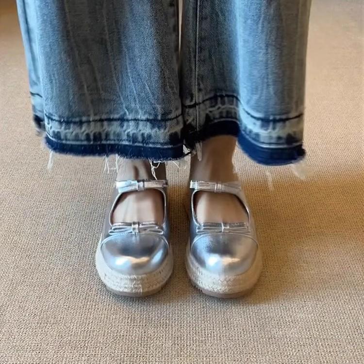 Soft Leather Version~ Thick-soled Straw Woven Bag Head Bow Sandals Women's Round Head Shallow Mouth Word with Muffin Low Half-drag Sandals